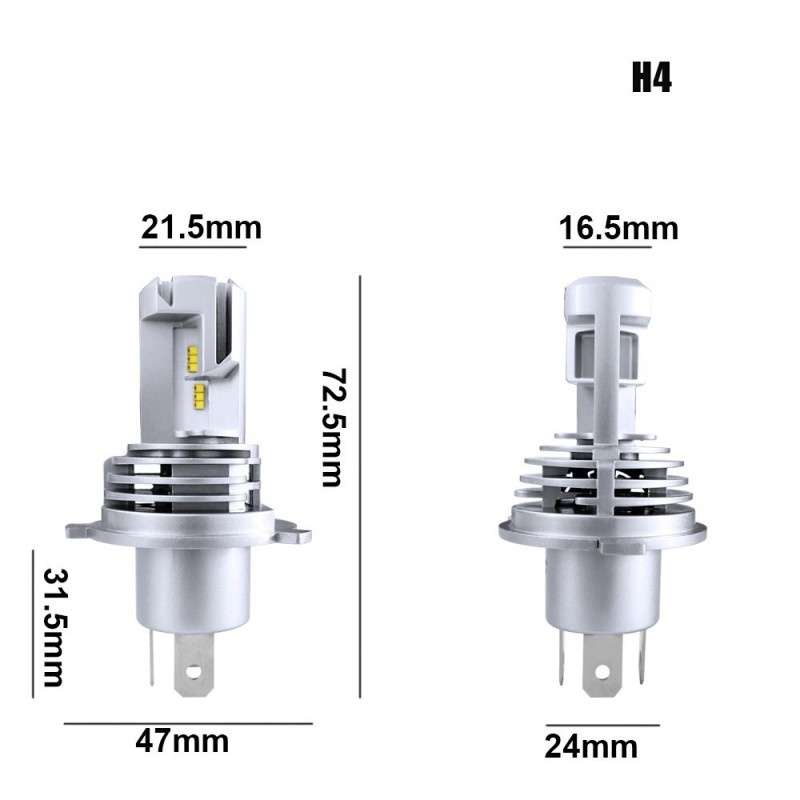 Ampoule led H4 de 2 x 3000 lumens aux dimensions similaire à une H4